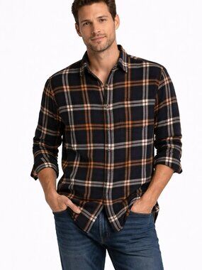 Denim and Flower Mens Medium Plaid Flannel Shirt Navy Brown Button Up